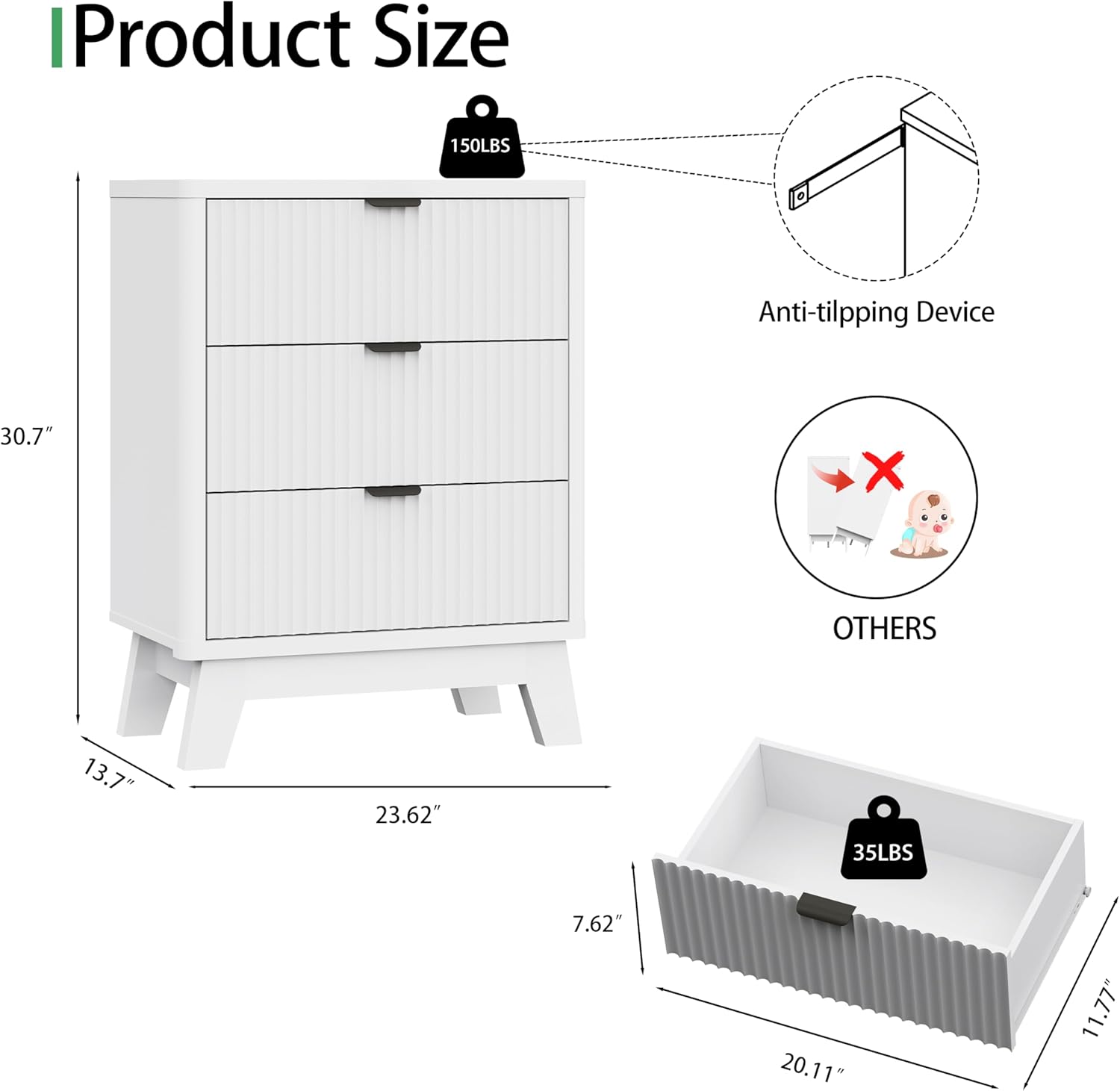 Fluted Nightstand with 3 Storage Drawers, 24" Wide Wood Bedside Table with Mental Handle, Mid Century Modern Wooden Side Table Night Stand, Curved End Table for Bedroom, Living Room, White