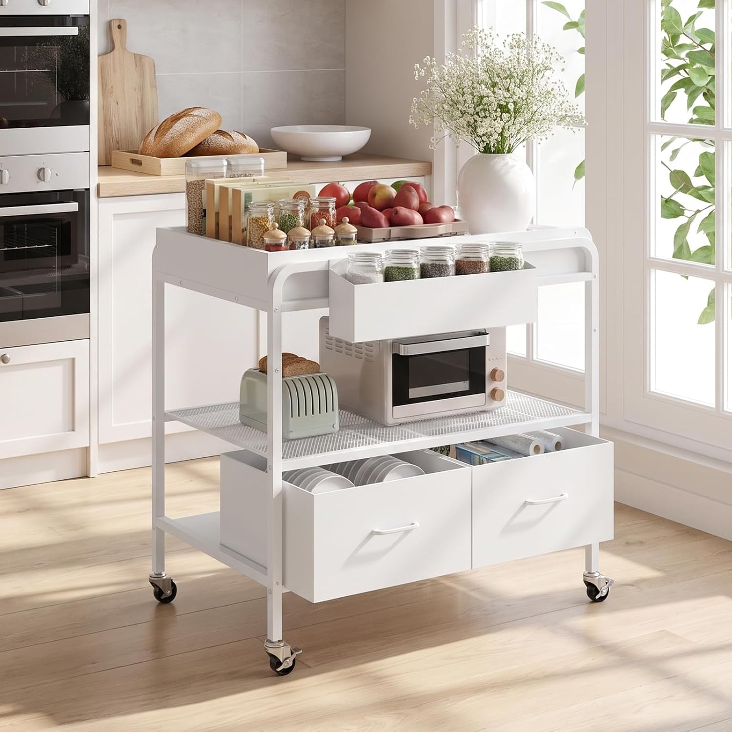 MAHANCRIS Kitchen Island with Storage, 3-Tier Microwave Stand with Wheels | Kitchen Rolling Cart, Kitchen Utility Storage Cart for Coffee Bar, Laundry Room, Office, 31.5 x 23.6 x 42.1 Inches, White
