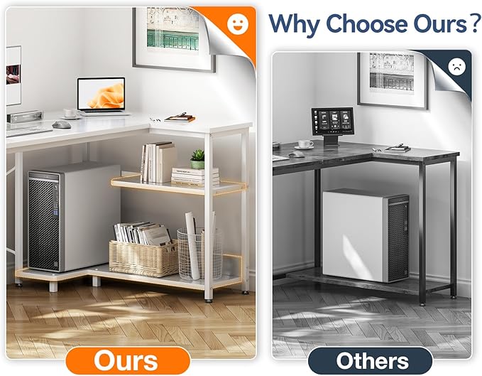 Casaottima L Shaped Computer Desk, 55 Inch Small Corner Desk with Storage Shelves & PC Stand, Reversible Gaming Desk for Bedroom, Modern Writing Study Table for Home Office, White