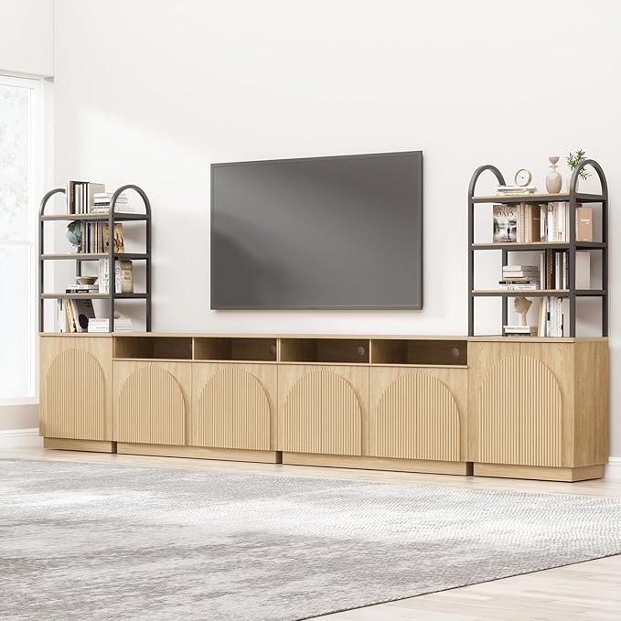 Yechen 165" Modular Entertainment Center with Bookshelves for up to 98", Mid Century Modern TV Stand with Storage, TV Cabinet with Open Shelves and Adjustable Shelves, Living Room, Natutral Oak(4 PCS)