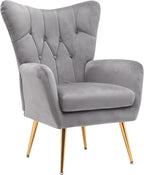 Container Furniture Direct Modern Chic Mid-Century Velvet Accent Armchair for Living Room, Bedroom, or Home Office, Button-Tufted Wingback Design with Gold Flared Legs, Grey