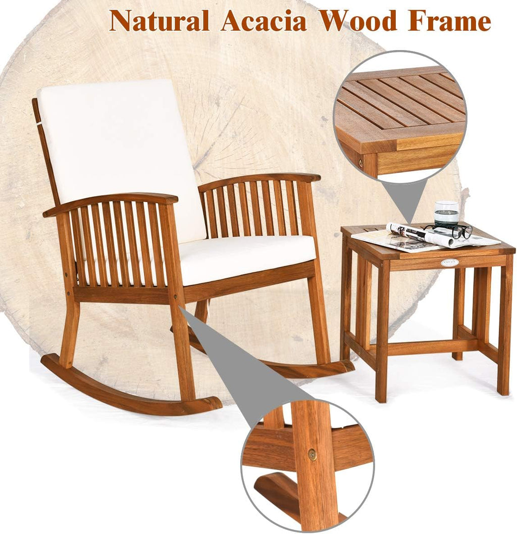 Tangkula Acacia Wood Patio Bistro Set, Outdoor Rocking Chair with Table, Porch Rocker with Thick Cushion of Detachable Cover, Porch Rocking Chair Table Set for Outdoor Indoor Patio Backyard, Teak