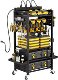 VEVOR 5-Tier Tool Organizer Cart with Charging Station, 8 AC Outlet, Floor Stand Rolling Drill Holder and Tool Battery Storage Rack on Wheels, Garage Floor Rolling Storage Cart for Workshop, Garage
