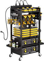 VEVOR 5-Tier Tool Organizer Cart with Charging Station, 8 AC Outlet, Floor Stand Rolling Drill Holder and Tool Battery Storage Rack on Wheels, Garage Floor Rolling Storage Cart for Workshop, Garage