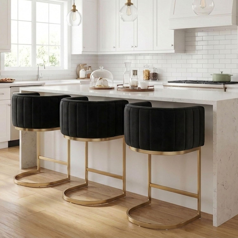 Hyfirm Set of 3 Black Velvet Counter Height Bar Stools Gold Base