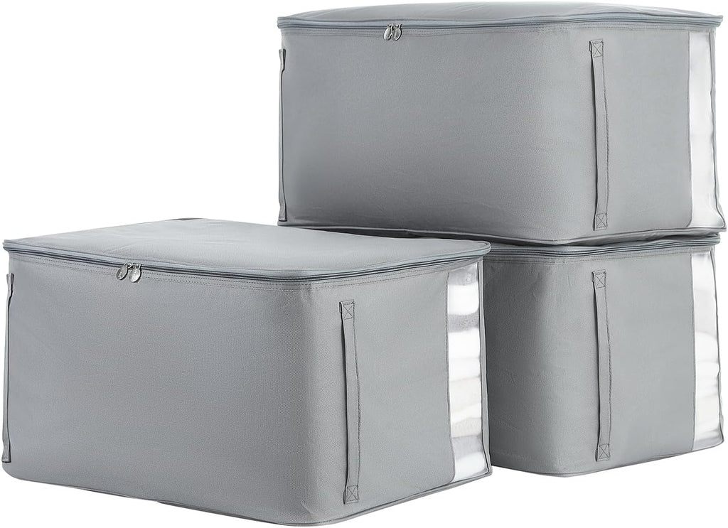 Comforter Storage Bags, Durable Oxford Fabric Clothes Organizer for Closet, Washable Collapsible Large Storage Containers for Clothing Blanket Linen Bedding, 3 Pack (Grey, 18 gallon x 3)