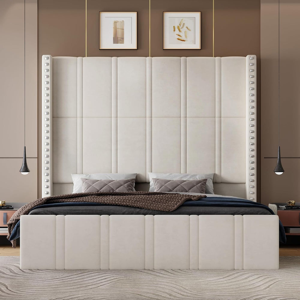 Queen Bed Frame with 65.75" Tall Headboard, Beige