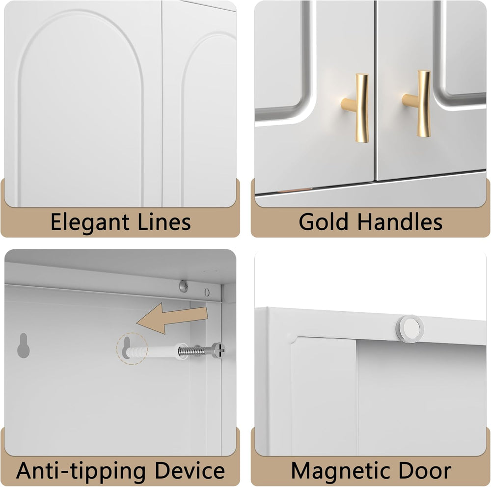 32" Wall Metal Storage Cabinet with Doors & Gold Handle | Adjustable...