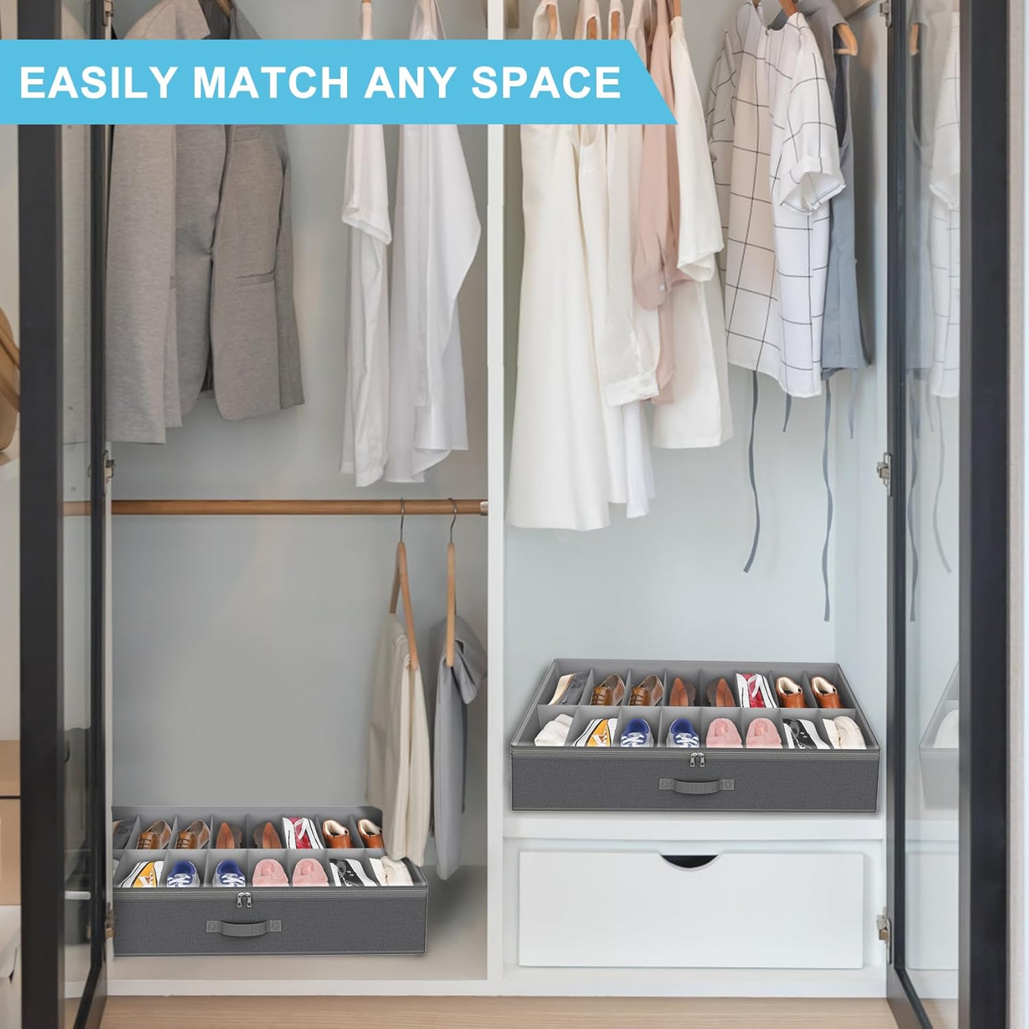 2 Pack Under Bed Shoe Storage Organizer for Closet, Fits Total 32 Pairs Foldable Underbed Shoes Containers Boxes Under the Bed Storage with Sturdy Handles&Clear Window for College Dorms, Light Grey