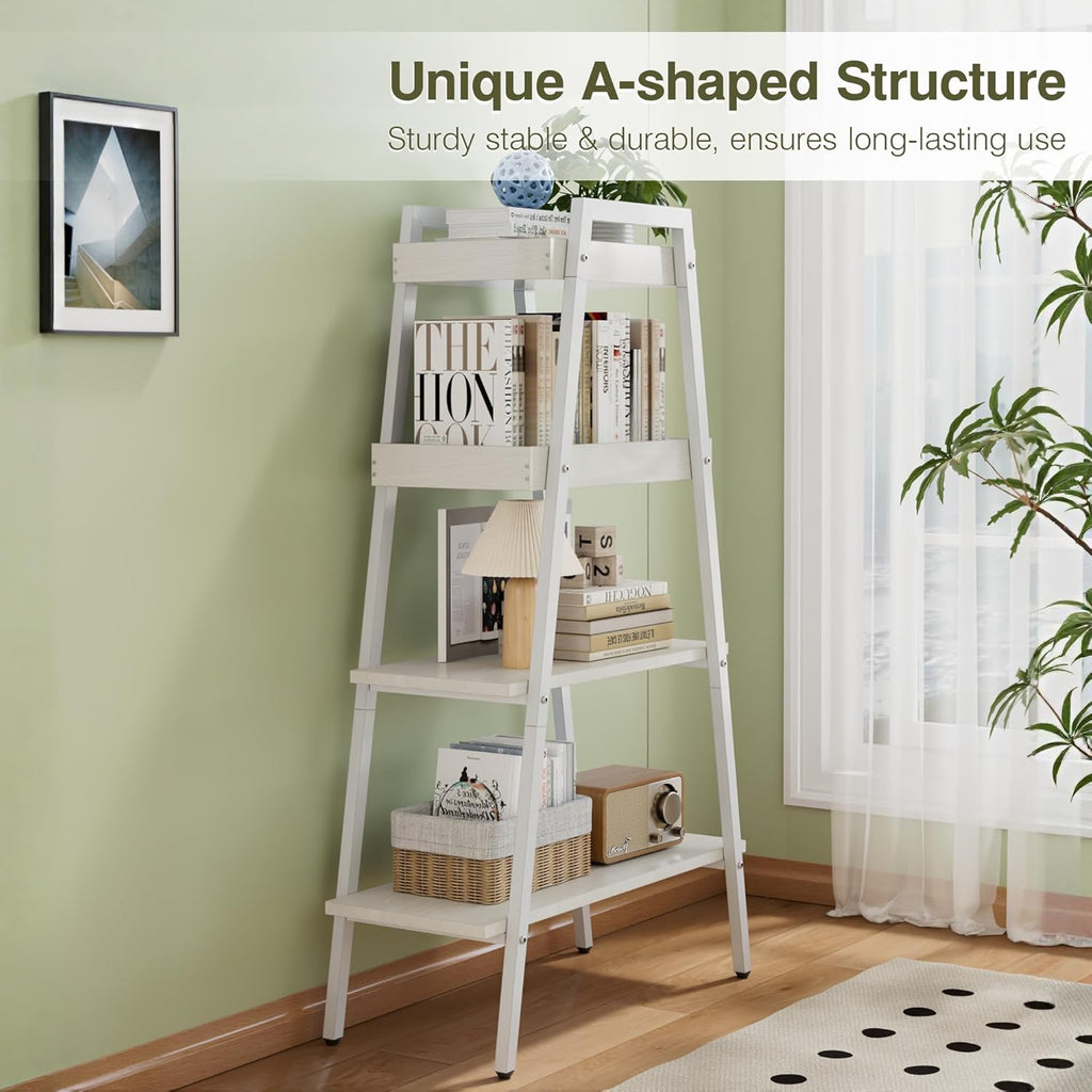 VECELO Ladder Shelf, 4 Tier Wooden Bookshelf with Metal Frame, Freestanding Bookcase Display Shelves and Plant Stand for Living Room/Farmhouse/Bedroom/Home Office-White