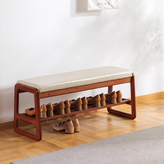 Shoe Rack Bench, Solid Wood Entryway Bench, Shoe Storage with Cushion Seat fo...