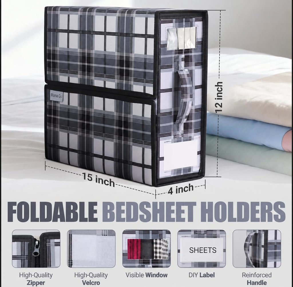 4 Pack Bed Sheet Organizer and Storage with Zipper – Linen Closet Organizers for Full, King, Queen & Twin Sheet Sets, Bedding Storage for Blankets and Duvet Covers, Black