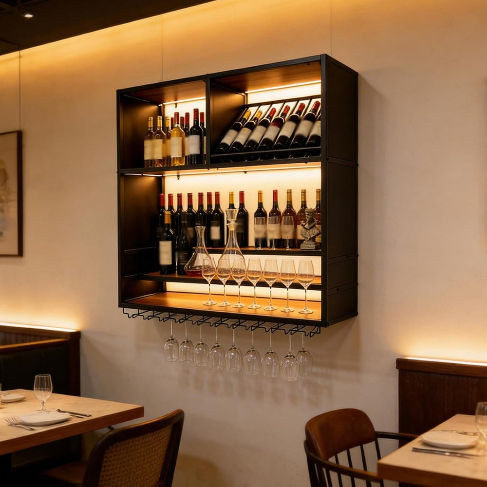 55in Large Wall Mounted Wine Rack with LED Light, 4 Tier Iron Liquor Bottle D...