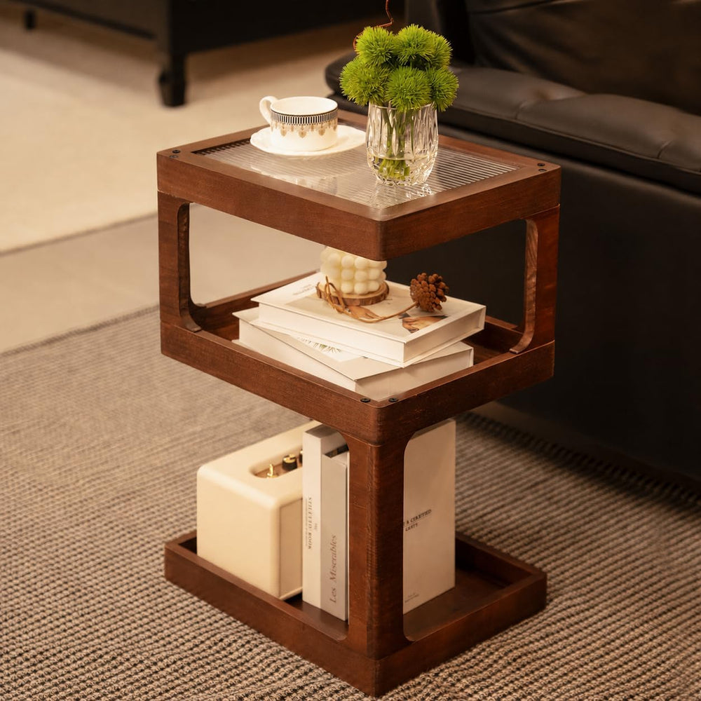 Solid Wood End Table, 3 Tier Small Side Table, Brown Accent Table
