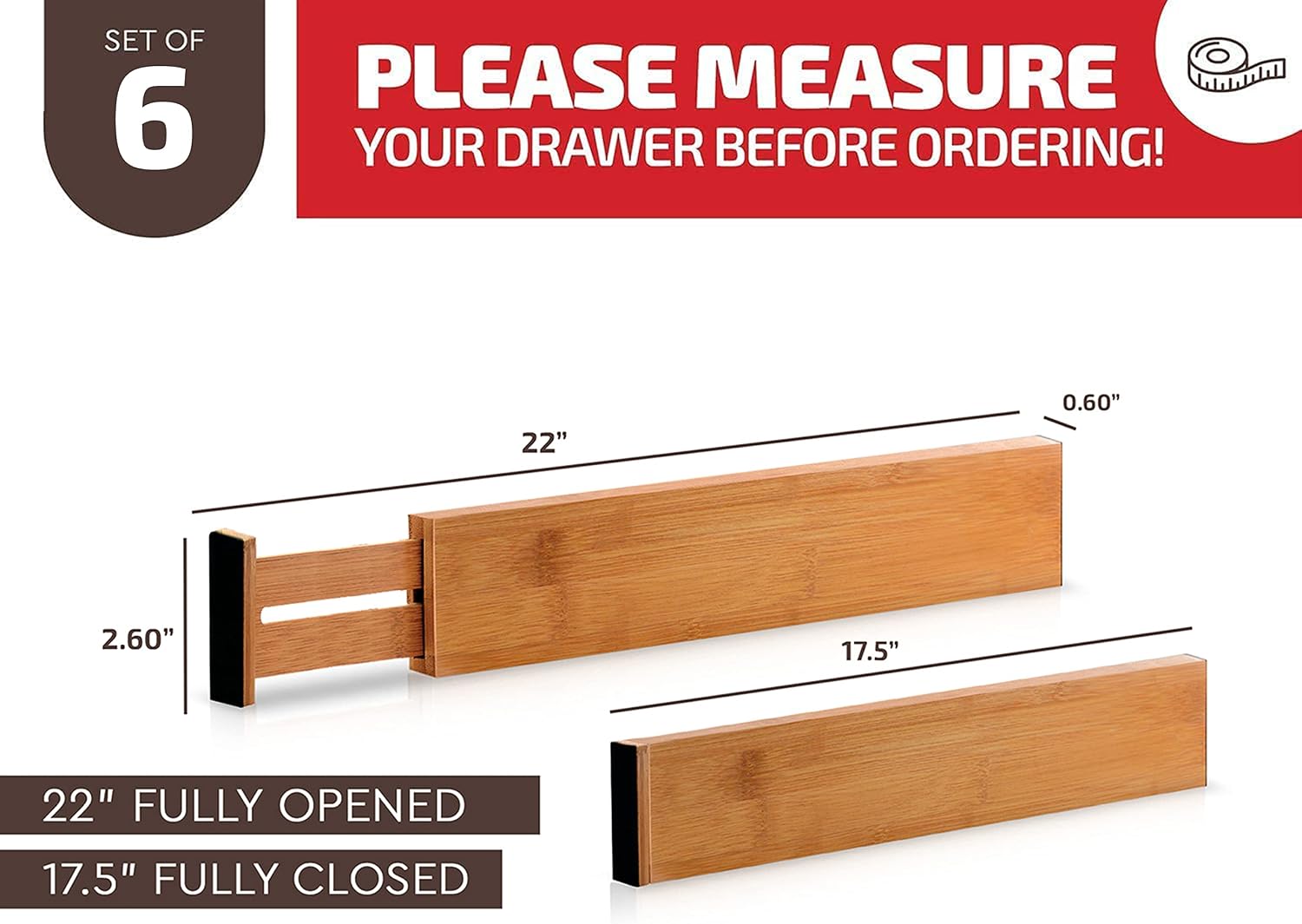 6-Pack Drawer Dividers 2.6-Inch High Dresser Drawer Organizer 16 to 22 Inch | Bamboo, Spring Loaded, No Tools Needed, Fits Wide Drawers for Socks, Clothes, Utensils, Bedroom, Bathroom, Kitchen, Office