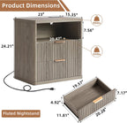 LEYAOYAO Fluted Nightstand with Charging Station, 23" Wide 2 Drawers End Table,Grey Night Stand with Open Storage Cabinet, Farmhouse Bed Side Tables, Wood Dresser for Bedroom, Living Room, Closet