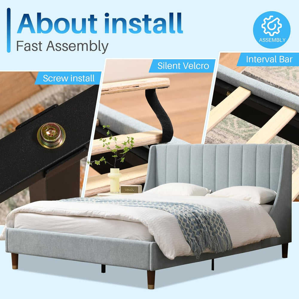 YUHUASHI Queen Upholstered Platform Bed Frame with Wingback Headboard，Blue
