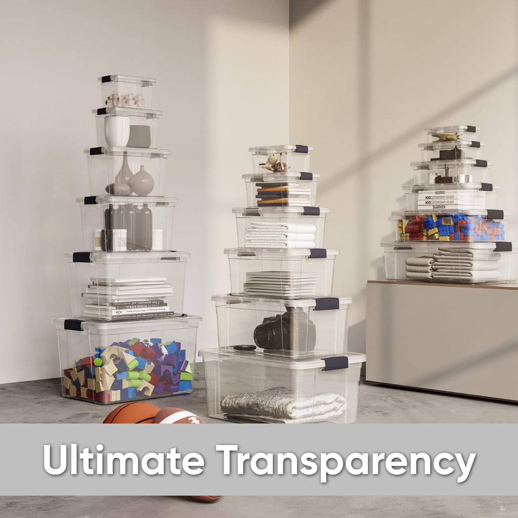 Superio Clear Storage Boxes with Lids, 26 Quart Plastic Container Bins for Organizing, Stackable Crates, BPA Free, Non Toxic, Odor Free, Organizers for Home, Office and Dorm, 6 Pack