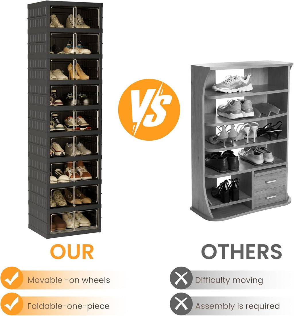 Foldable Shoe Organizer Storage Box, Portable Extra Large Folding Shoe Rack for Closet, Shoe Storage Box with Magnetic Transparent Door and Wheels, 9 Layers 18 Grids