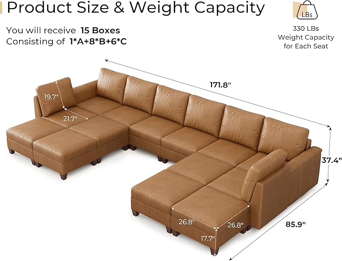 SITJOY 172" Faux Leather Modular Sectional Sofa with Storage, Mid Century Modern Sectional Couches for Living Room, Soft Padded Armrests, Oversized 14 Seat U Shaped Couch with Chaise, Brown
