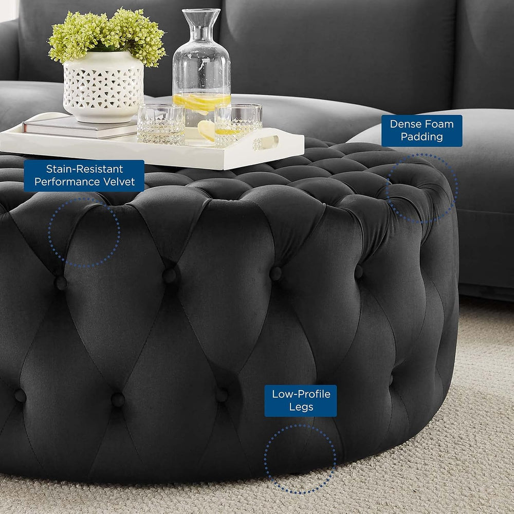 Modway Amour Tufted Button Large Round Performance Velvet Ottoman in Black