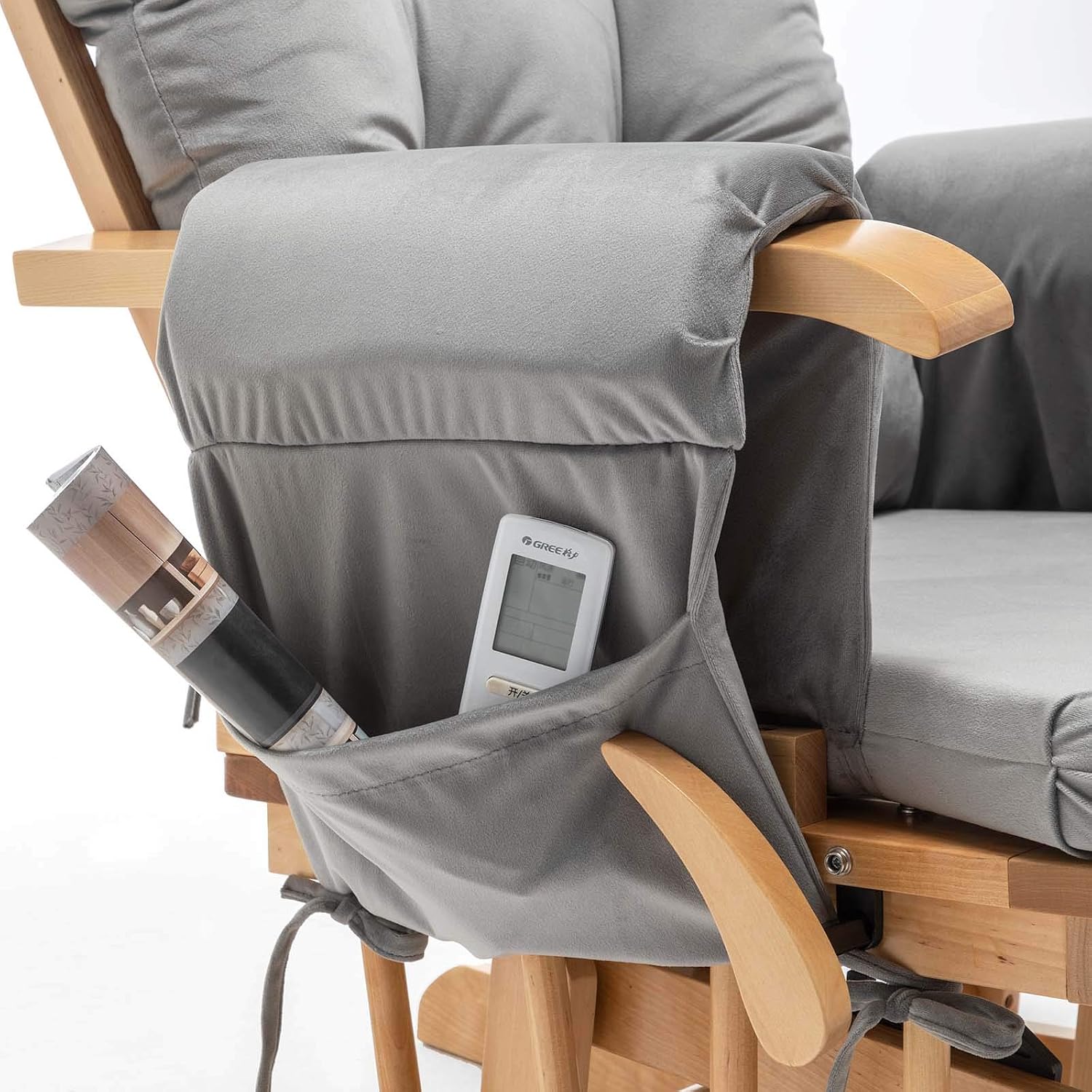 Paddie Glider Rocker Replacement Cushions Velvet with Storage, Rocking Chair Cushion Set with Ties, 5PCS, Light Grey