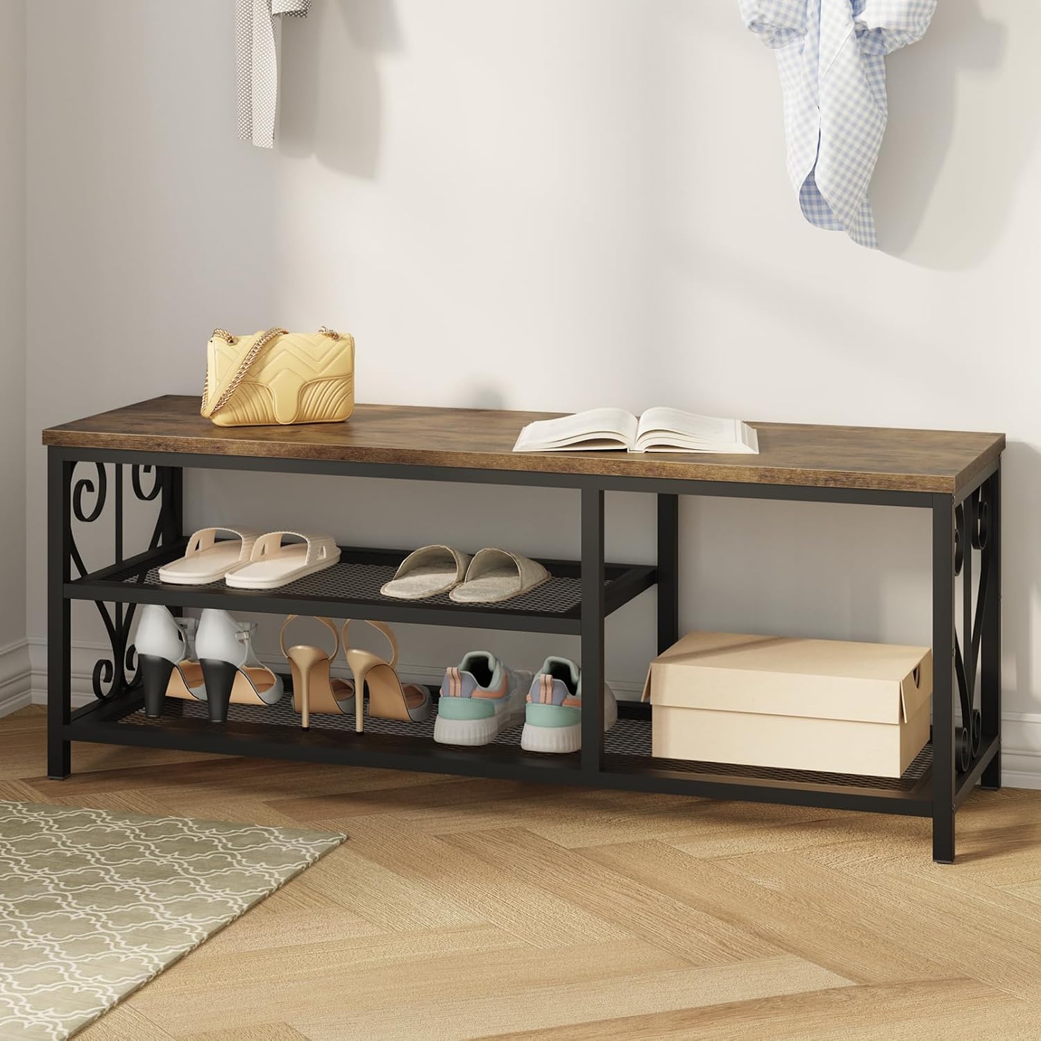 Entryway Storage Bench with Shoe Rack, 47.2" Wide Hallway Bench with Seating, Rustic Wood Top & Metal Frame, 2-Tier Shoe Organizer for Entryway, Bedroom, or Living Room, Brown
