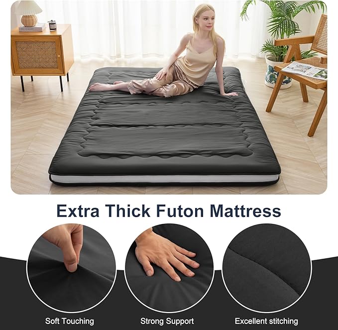Japanese Floor Mattress, Full Size Futon Mattress, 4" Thicken Tatami Mat Sleeping Pad Foldable Roll Up Mattress for,Camping Couch (Black, 54" x 80")