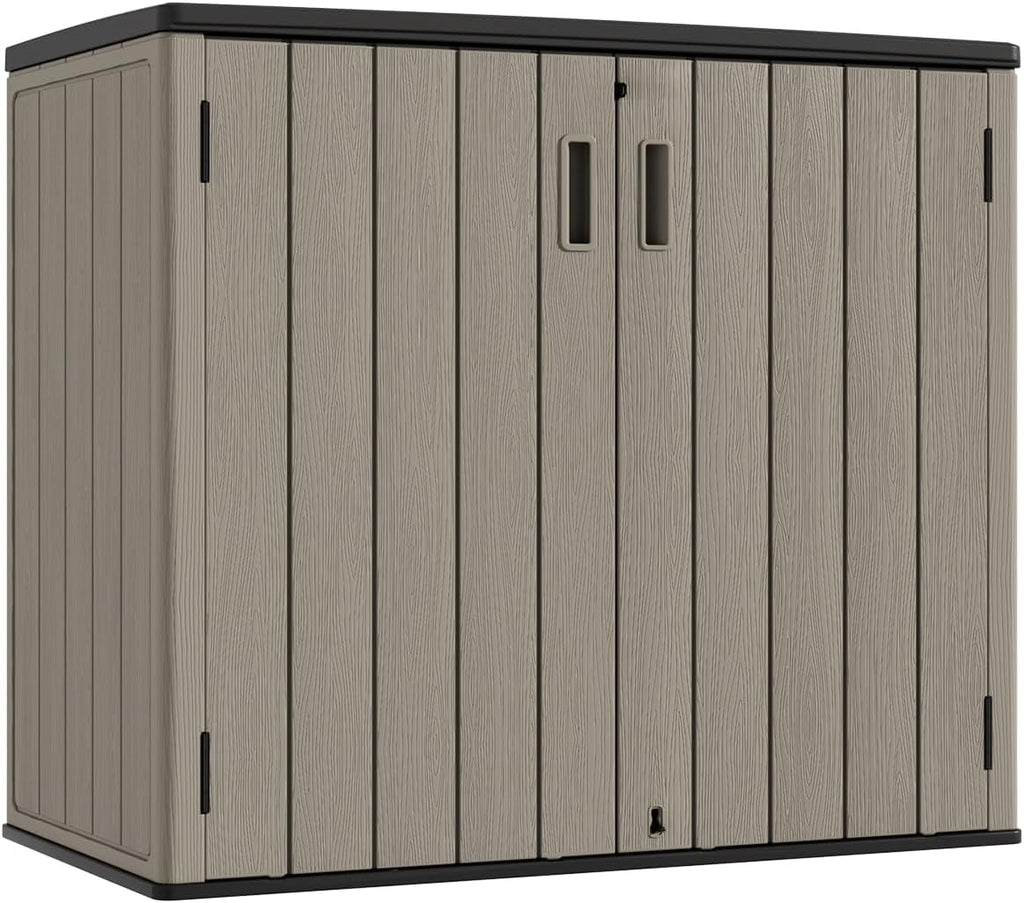 KINYING Outdoor Horizontal Storage Sheds,Outdoor Storage Cabinet Waterproof Resin Tool Storage Box for Lawn Mower,Garden Tools and Patio Furniture, Lockable (Brown)