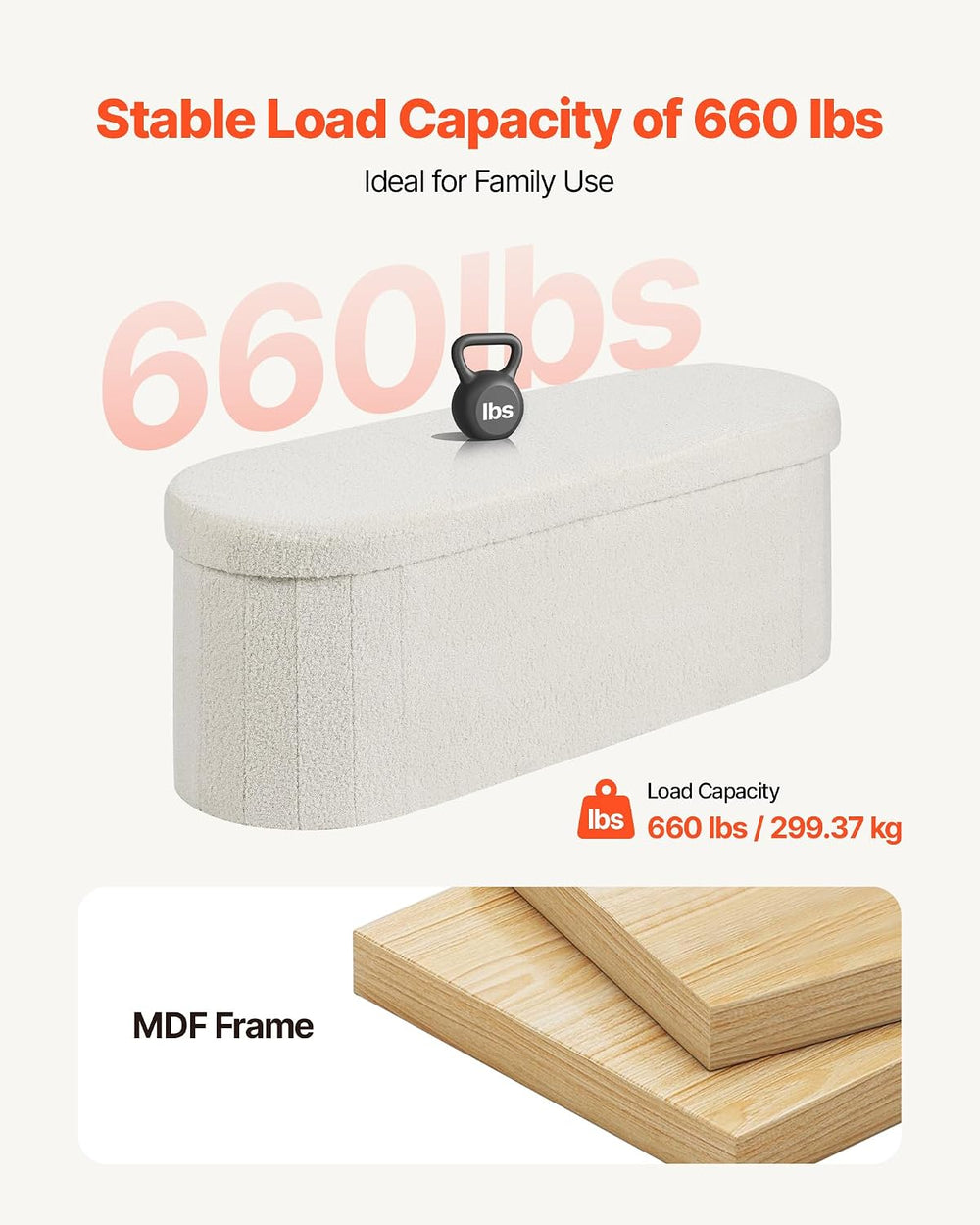 VEVOR Oval Storage Ottoman Bench, Foldable Teddy Fleece End of Bed Bench, Fol...