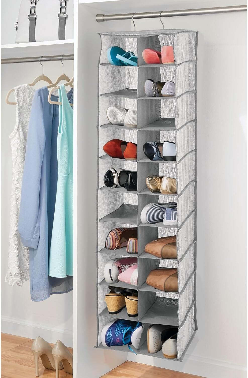 mDesign Soft Fabric Closet Organizer - Holds Shoes, Handbags, Clutches, Accessories - Large, 20 Shelf Over Rod Hanging Storage Unit - Gray