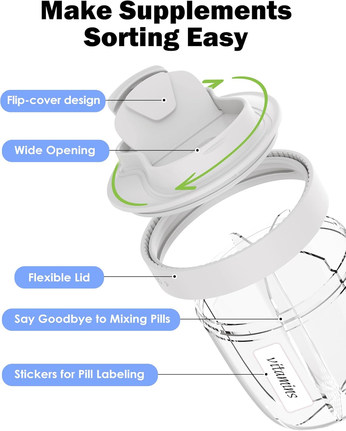 Cute Pill Organizer,Pill Dispenser with 7 Large Compartments,Portable Pill Bottle Box with Wide Opening for Easy Use, Anti-Mix Pills Organizer for Travel,Includes 20 Pcs Sticky Labels(Gray)