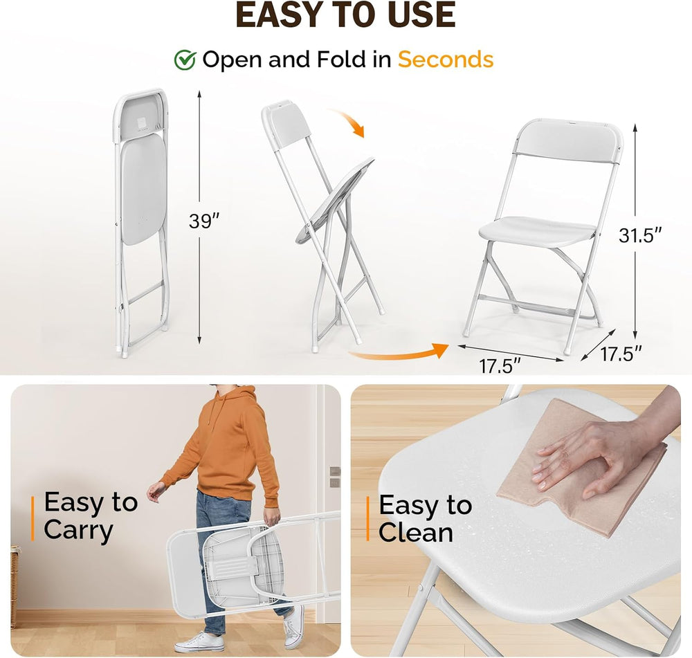 Bonnlo Folding Chairs Set of 12, White Plastic Chair Sturdy Seat with Metal F...