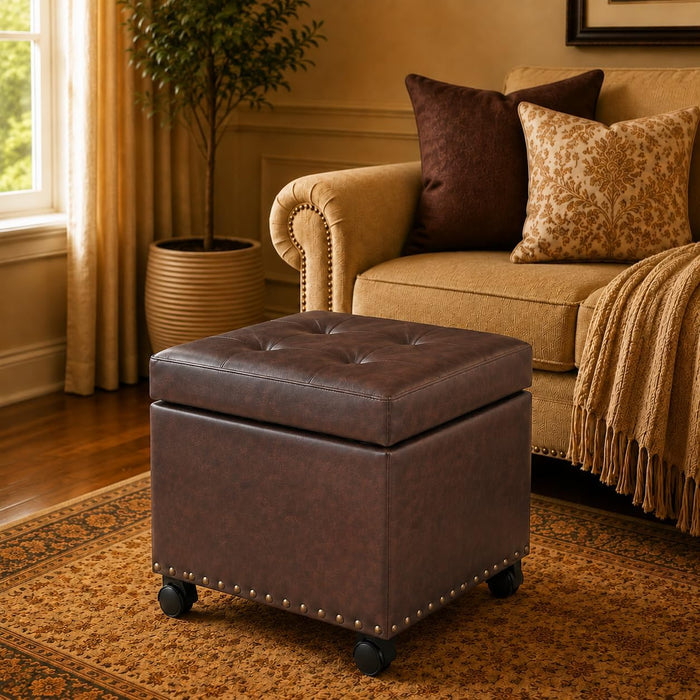 Leather Ottoman with Storage,Square Ottomans Foot Rest with Hinged Lid & Solid Wood Legs Upholstered Cube Footstool Hidden Storage for Living Room, Bedroom(Brown)