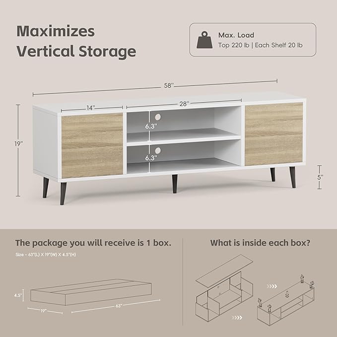 YESHOMY Modern TV Stand for 65 Inch TV, 58" Entertainment Center with Storage Cabinets, Media Console for Living Room & Apartment, Minimalist Retro TV Cabinet, Bright White