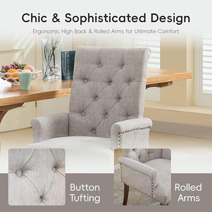 Upholstered Tufted Chenille Dining Chairs with Arms & Nailhead Trim – Solid Wood Frame & Legs, Modern Farmhouse for Dining, Kitchen & Living Room (Set of 1, Beige)