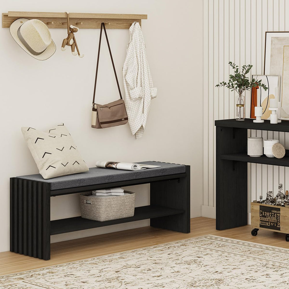 BON AUGURE 40" Entryway Shoe Bench with Storage & Cushion, Modern Fl...
