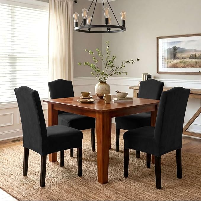 H.VERSAILTEX Velvet Dining Chair Covers Stretch Chair Covers for Dining Room Set of 4 Parson Chair Slipcovers Chair Protectors Covers Dining, Soft Thick Solid Velvet Fabric Washable, Black