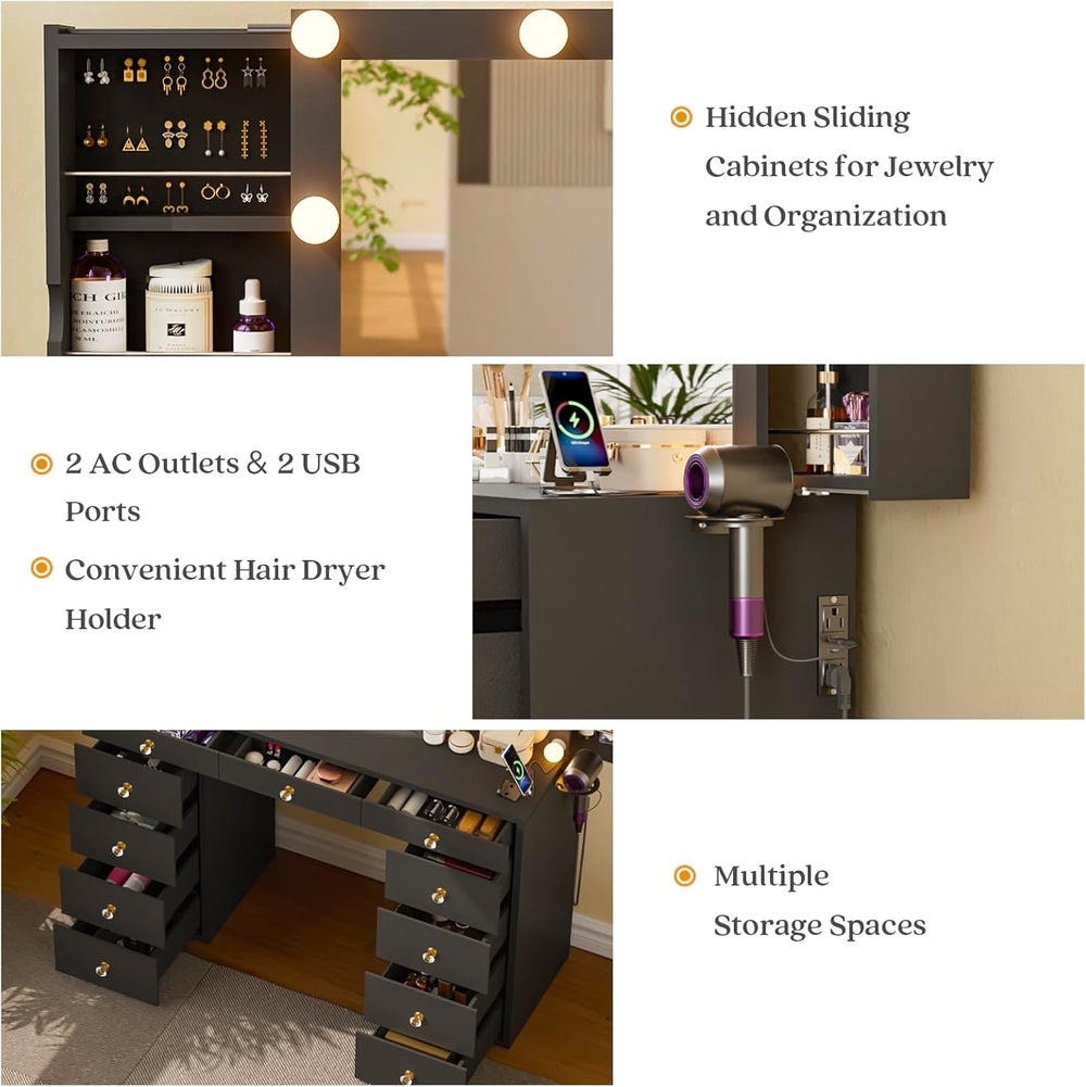 Likein Vanity Desk with Mirror and Lights, Black Vanity with Hidden Jewelry S...