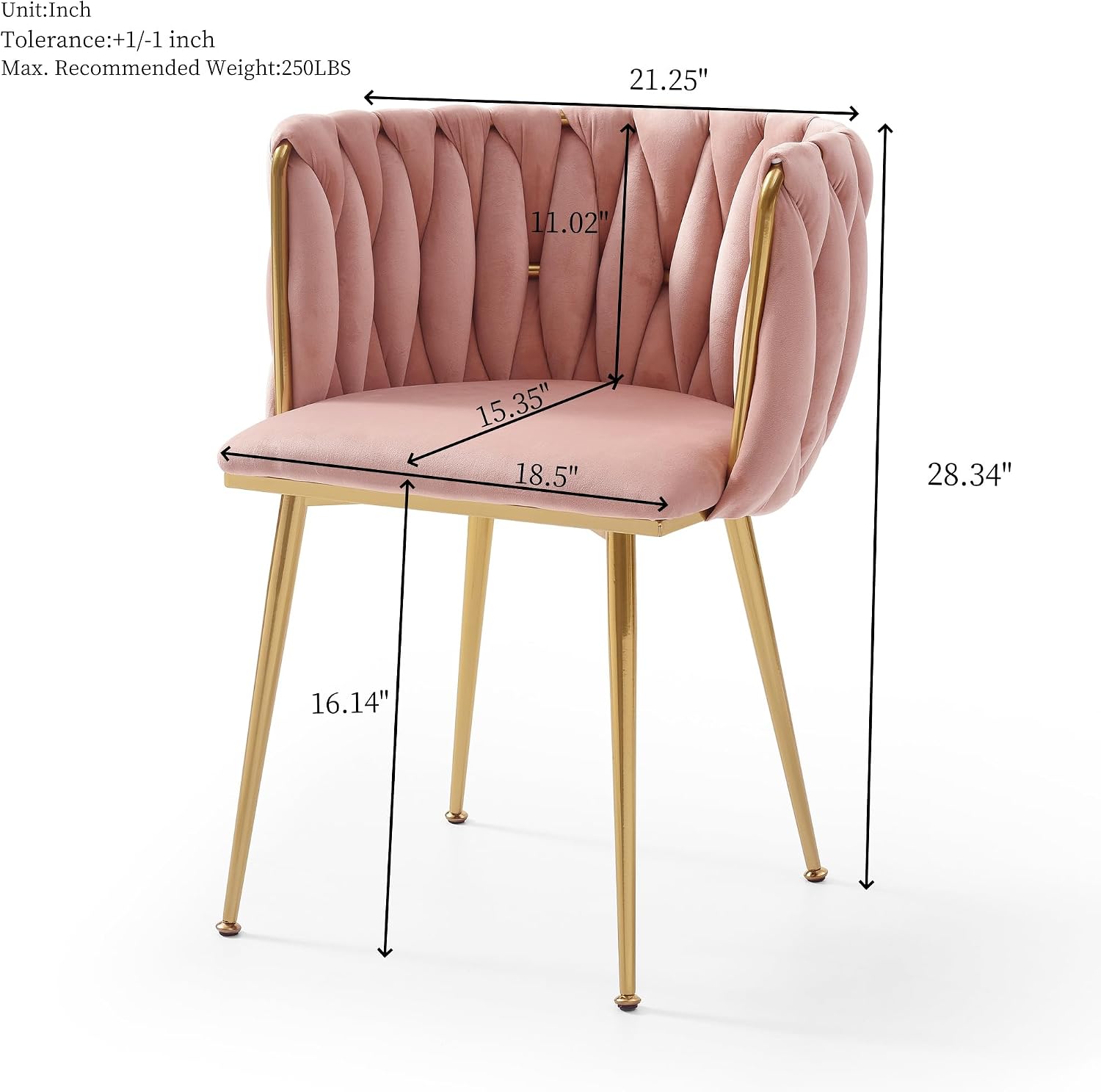 KEIKI Modern Velvet Dining Chairs Set of 2, Upholstered Woven Accent Dining Chairs with Gold Metal Legs, Tufted Back, Kitchen & Dining Room Chairs for Living Room, Bedroom, Vanity, Pink