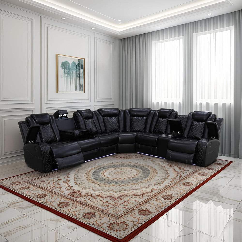 Power Recliner Sofa Sectional Sofa with LED Light for Living Room, Air Leathe...