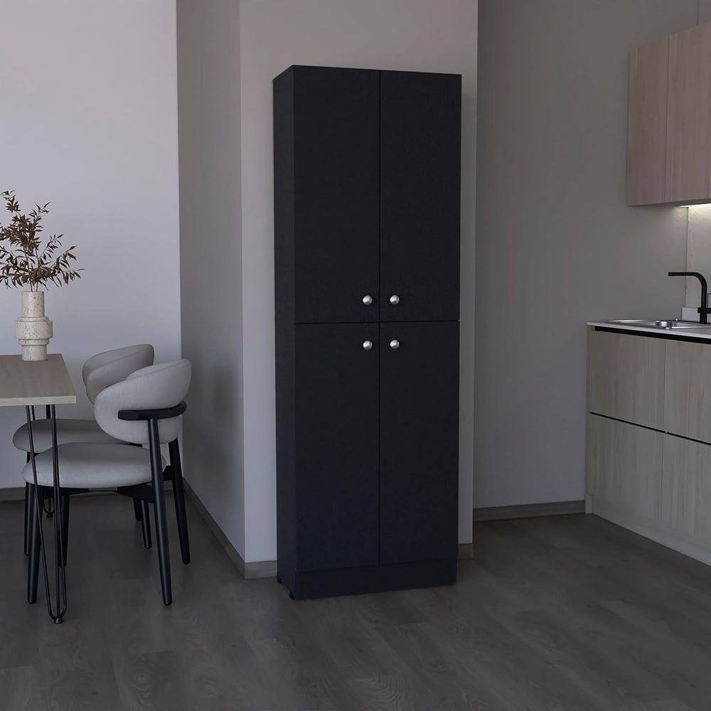Kitchen Pantry 71" H, 4 Doors, 5 Adjustable Shelves, Laundry, Black