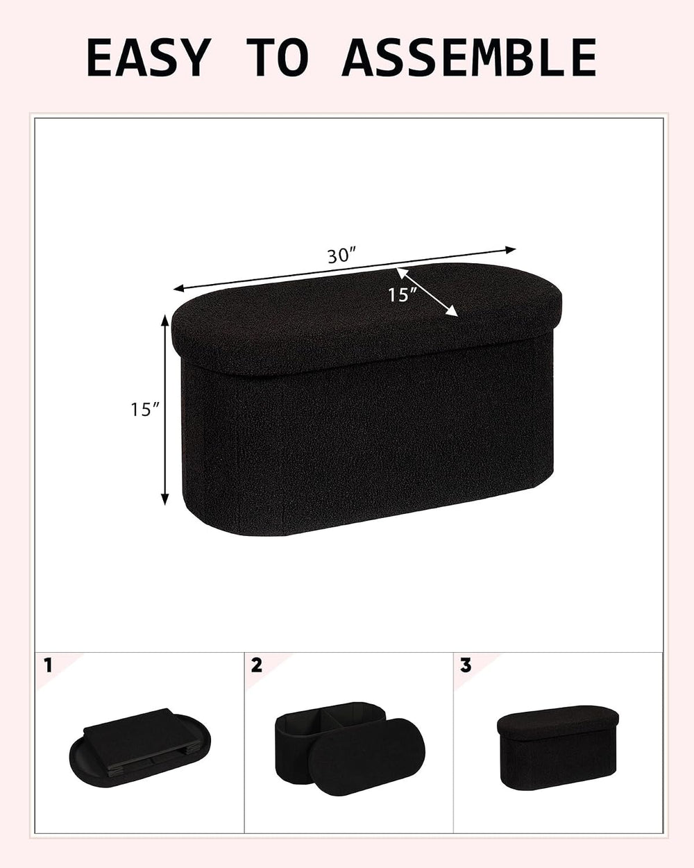 30" Oval Foldable Ottoman with Storage, Teddy Boucle Fabric Footrest, St...