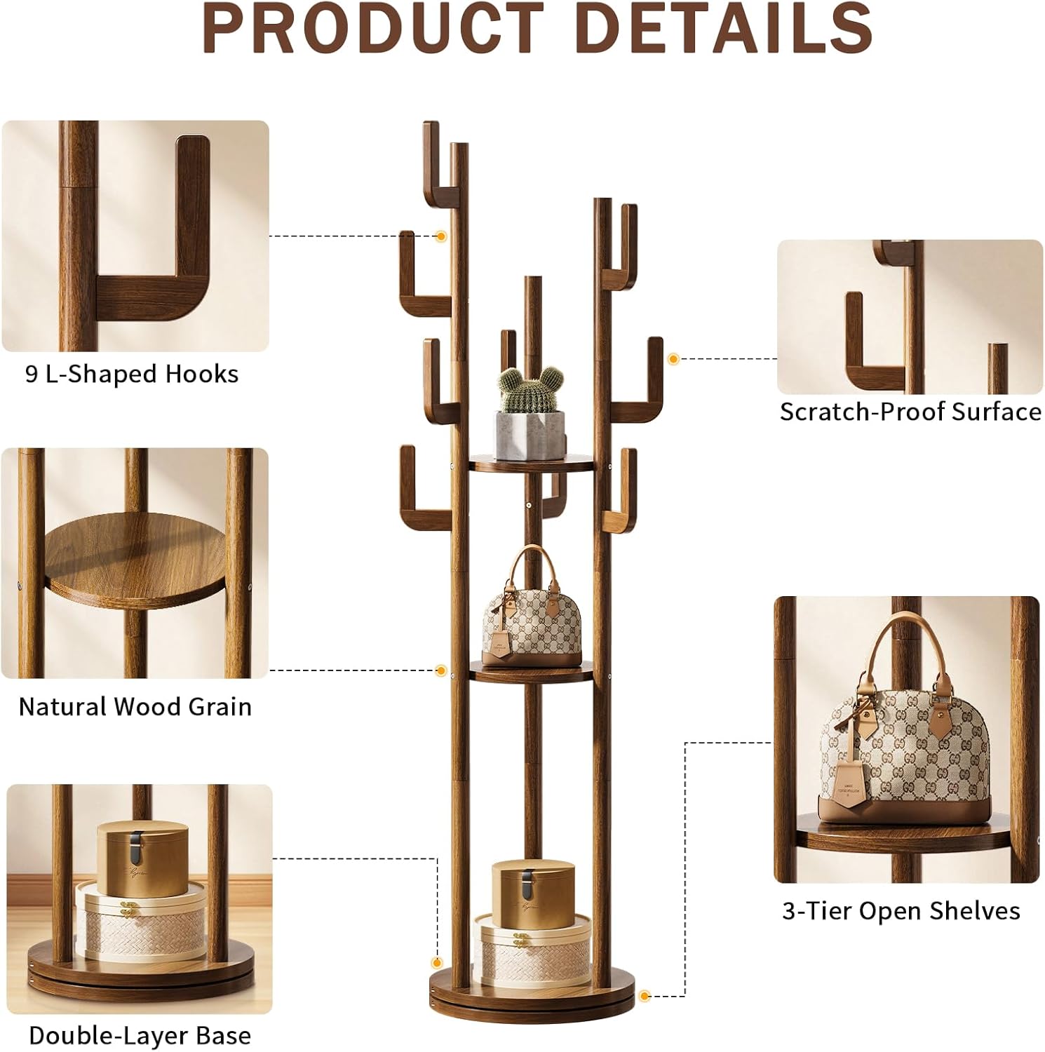 Yoobure Rotary Coat Rack Freestanding - Solid Wood Coat Tree with 9 hooks & 3 Storage Shelves for Purse, Bag, Jacket, Hat, Corner Hanger Stand Racks for Hall, Entryway, Office, Modern Clothes Holder