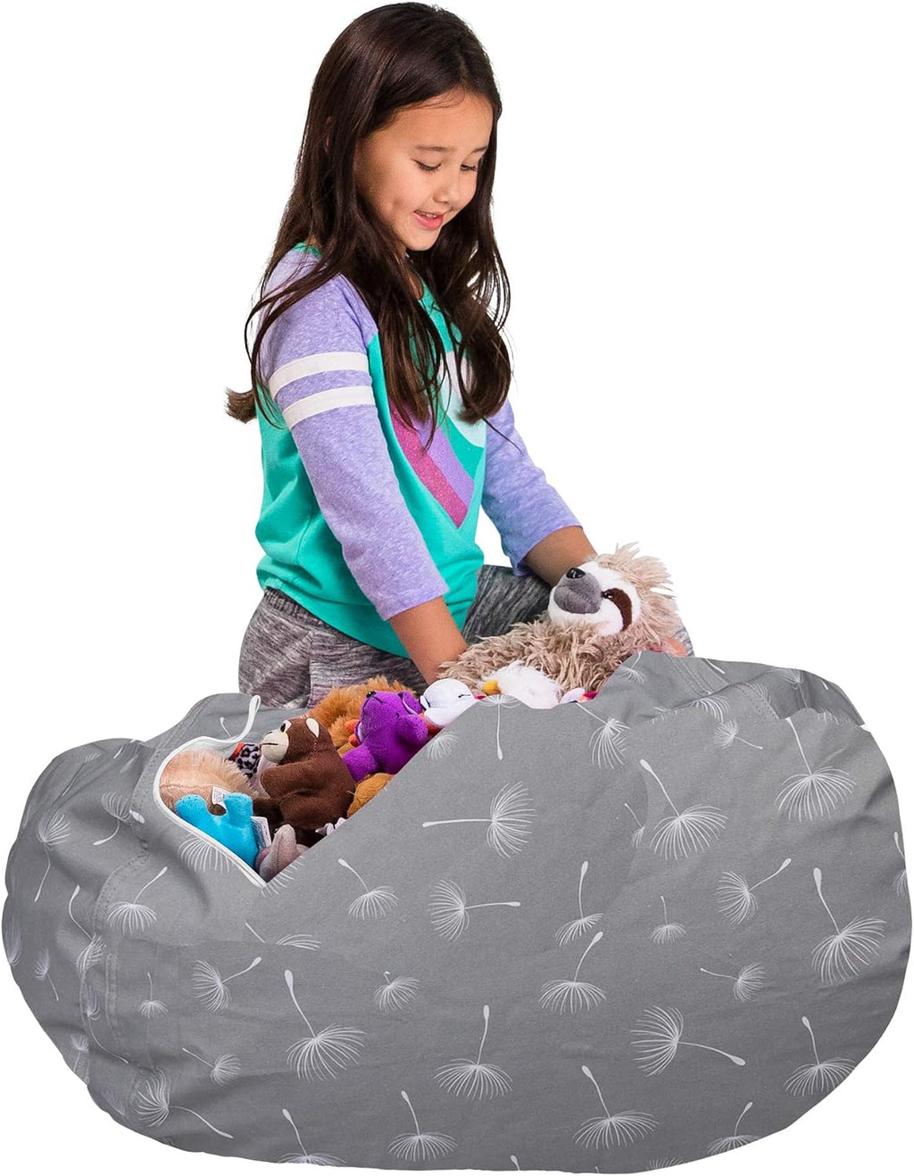 Posh Creations Kids Stuffed Animal Storage Bean Bag Chair Cover - Childrens Toy Organizer, Large-38in, Canvas White Dandelions on Gray