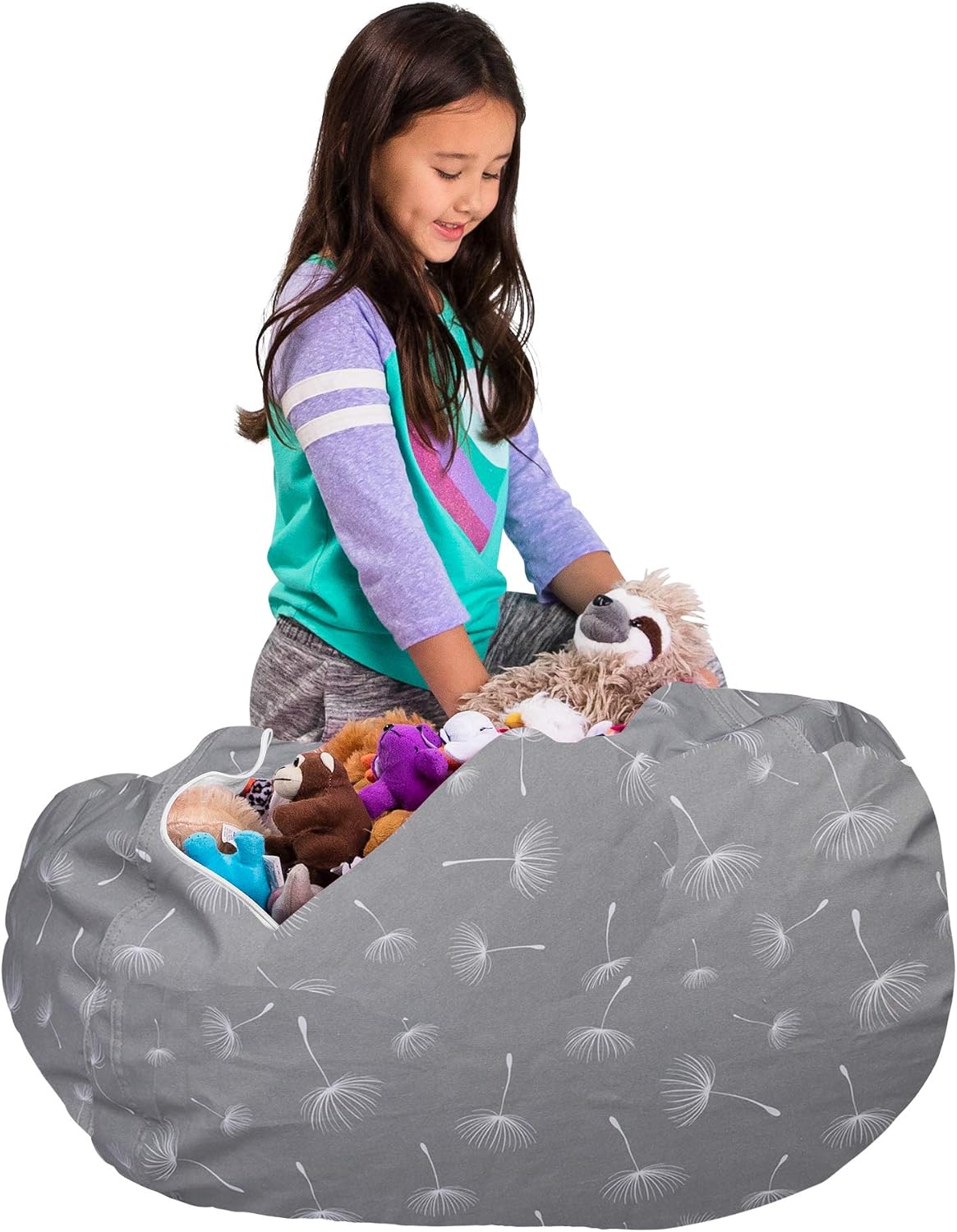Posh Creations Kids Stuffed Animal Storage Bean Bag Chair Cover - Childrens Toy Organizer, Large-38in, Canvas White Dandelions on Gray