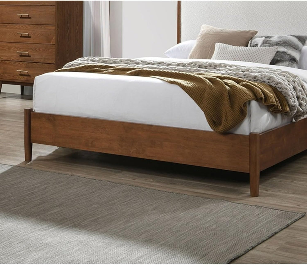 Walnut Color Panel Headboard Beige Upholstered Queen Size Bed
