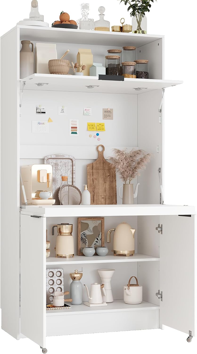 Tall Pantry Cabinet with Power Outlet, Multifunctional Cupboard with Adjustab...