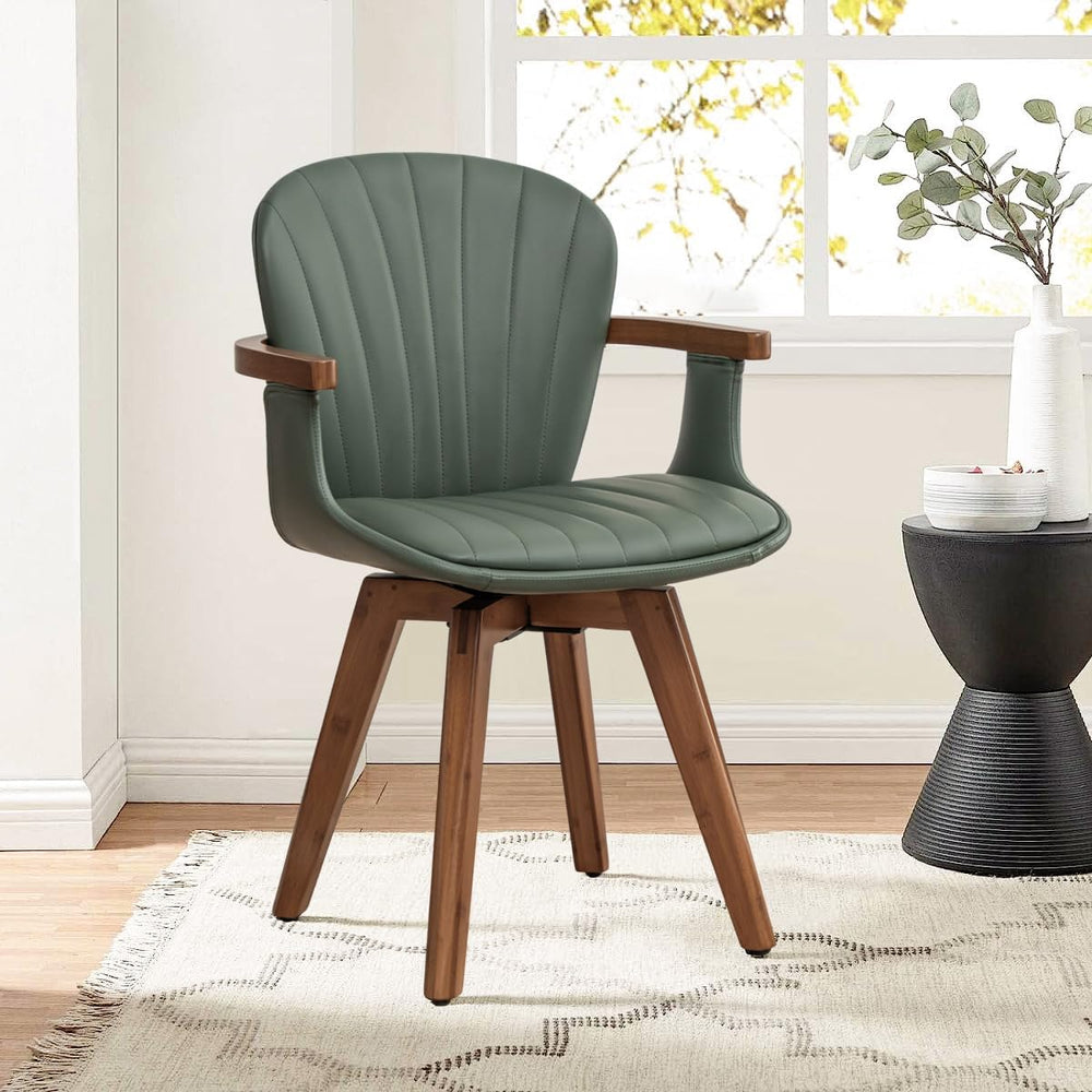LUNLING Swivel Dining Chairs, Mid Century Modern Green Faux Leather Kitchen C...