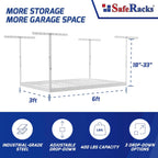 SafeRacks Overhead Garage Storage Rack - Heavy Duty Racks for Garage with 400 lb Capacity, Easy Garage Shelving, Adjustable Storage Rack, Ceiling Mount Storage Shelves 3x6 White (18"-33")